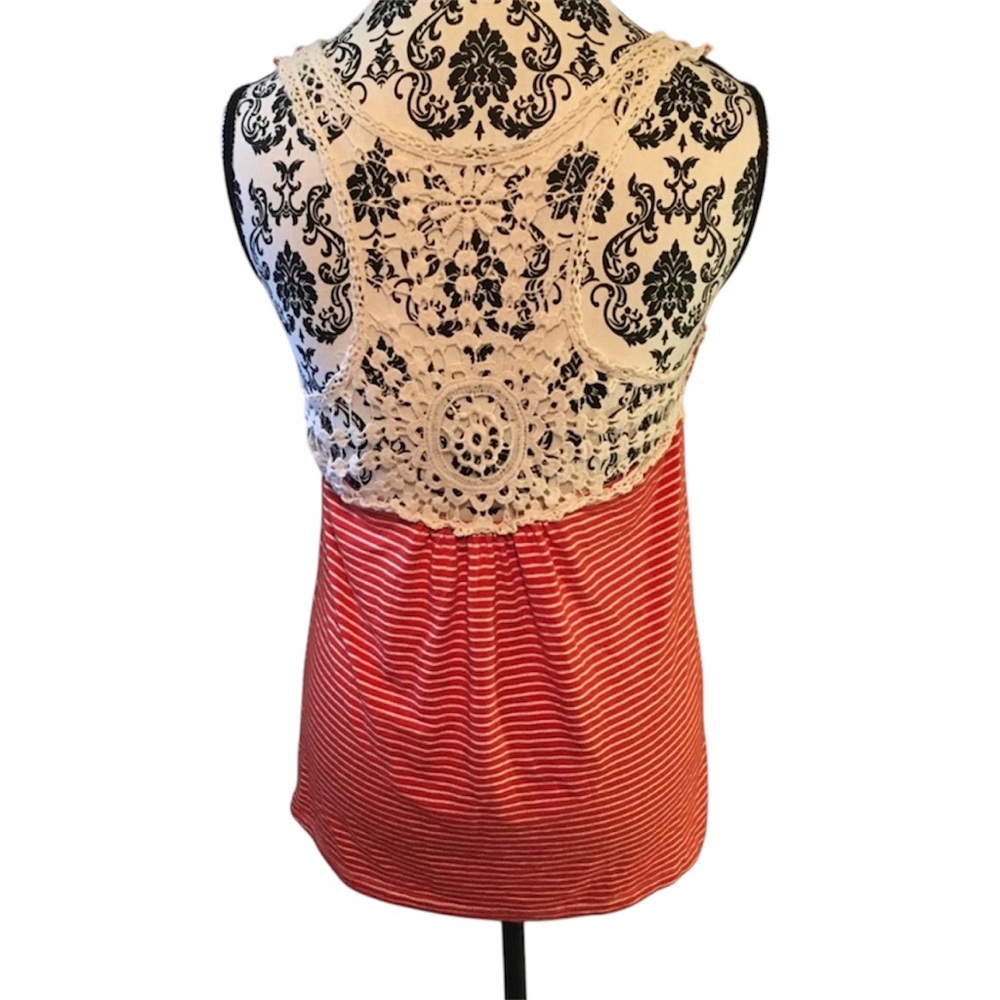 Boho Chic Orange & White Striped Tank Top Lace Crochet Racerback Y2K Cottagecore